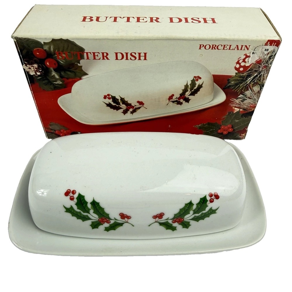 Christmas Holly Butter Dish Porcelain White Holiday Table Decor Green Red 1991